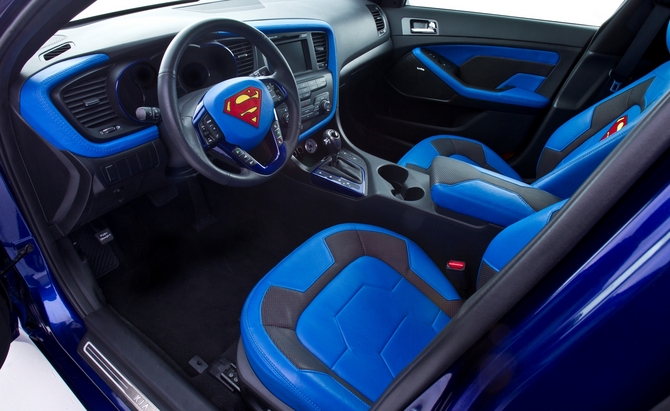 The interior gets custom leather seats with Superman logos The interior gets custom leather seats with Superman logos