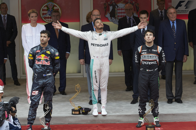 The podium in the principality was completed by Mexican Force India driver Sergio Perez The podium in the principality was completed by Mexican Force India driver Sergio Perez