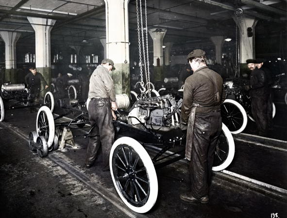 In 1913, Ford began producing cars on the moving assembly line In 1913, Ford began producing cars on the moving assembly line