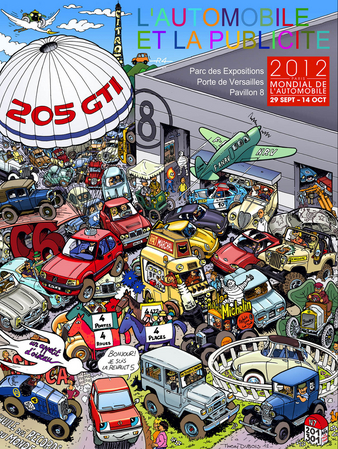 Affiche de l'exposition spéciale « L’Automobile et la Publicité » organisée par la FFVE au Mondial 2012 (Hall 8), dessinée par Thierry Dubois Affiche de l'exposition spéciale « L’Automobile et la Publicité » organisée par la FFVE au Mondial 2012 (Hall 8), dessinée par Thierry Dubois