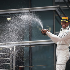 Hamilton celebrates his first win of the season in Shanghai