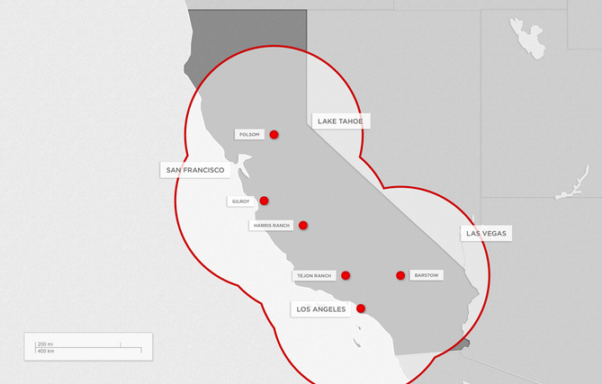 The map of the first six California charging stations The map of the first six California charging stations