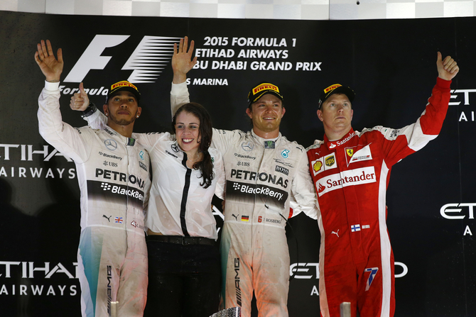 Lewis Hamilton and Kimi Raikkonen climbed to the podium alongside Nico Rosberg Lewis Hamilton and Kimi Raikkonen climbed to the podium alongside Nico Rosberg