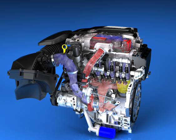 The engine features two small turbos, a top-mounted throttle body and short distances between the turbo and engine The engine features two small turbos, a top-mounted throttle body and short distances between the turbo and engine