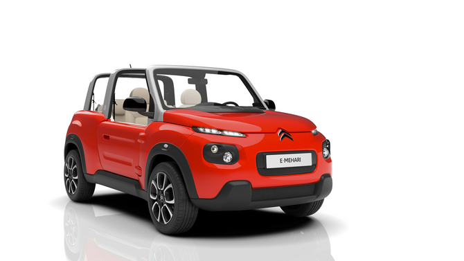 The e-Mehari has a convertible configuration with a muscular SUV-style bodywork The e-Mehari has a convertible configuration with a muscular SUV-style bodywork