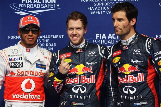 Vettel was first ahead of McLaren's Lewis Hamilton and his team-mate Mark Webber Vettel was first ahead of McLaren's Lewis Hamilton and his team-mate Mark Webber