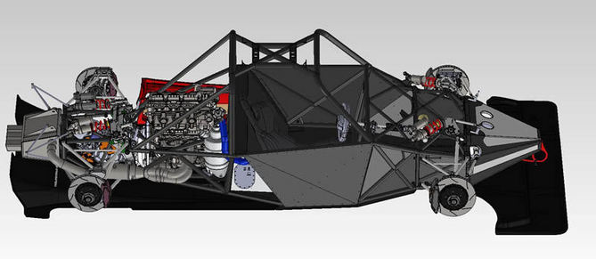 Instead of a monocoque, it uses a tubular spaceframe Instead of a monocoque, it uses a tubular spaceframe