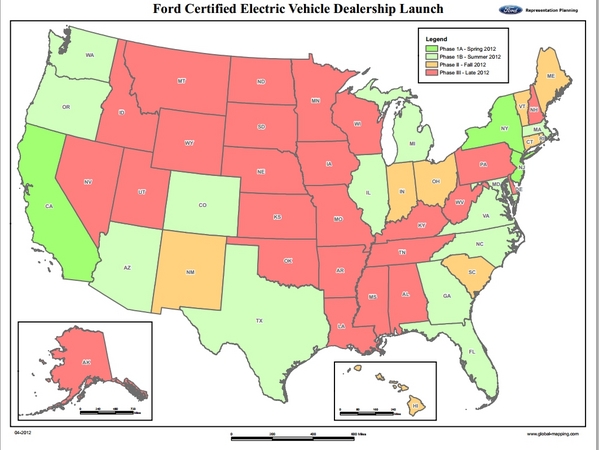 A map of how Ford will roll out the Focus Electric in the US A map of how Ford will roll out the Focus Electric in the US