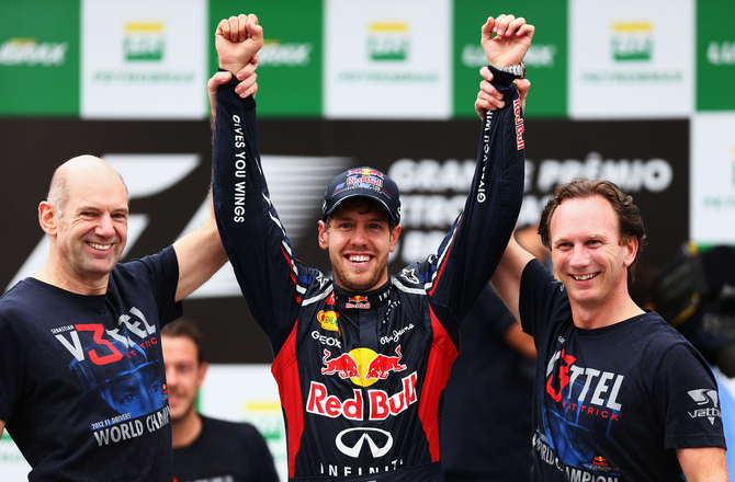 Sebastian Vettel, Christian Horner and Adrian Newey celebrate the win Sebastian Vettel, Christian Horner and Adrian Newey celebrate the win