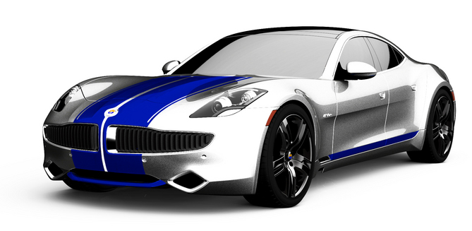 The blue and white car is inspired by the American racing colors The blue and white car is inspired by the American racing colors
